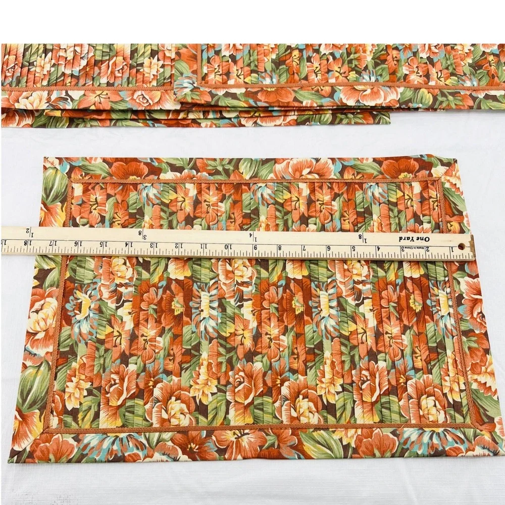 Set of 6 Vintage Floral Placemats Orange Rust Green Quilted Pleated Fall Decor‎